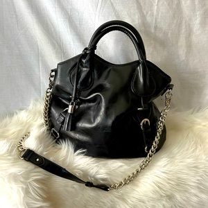 White House Black Market large purse, Faux leather black, silver chain handle